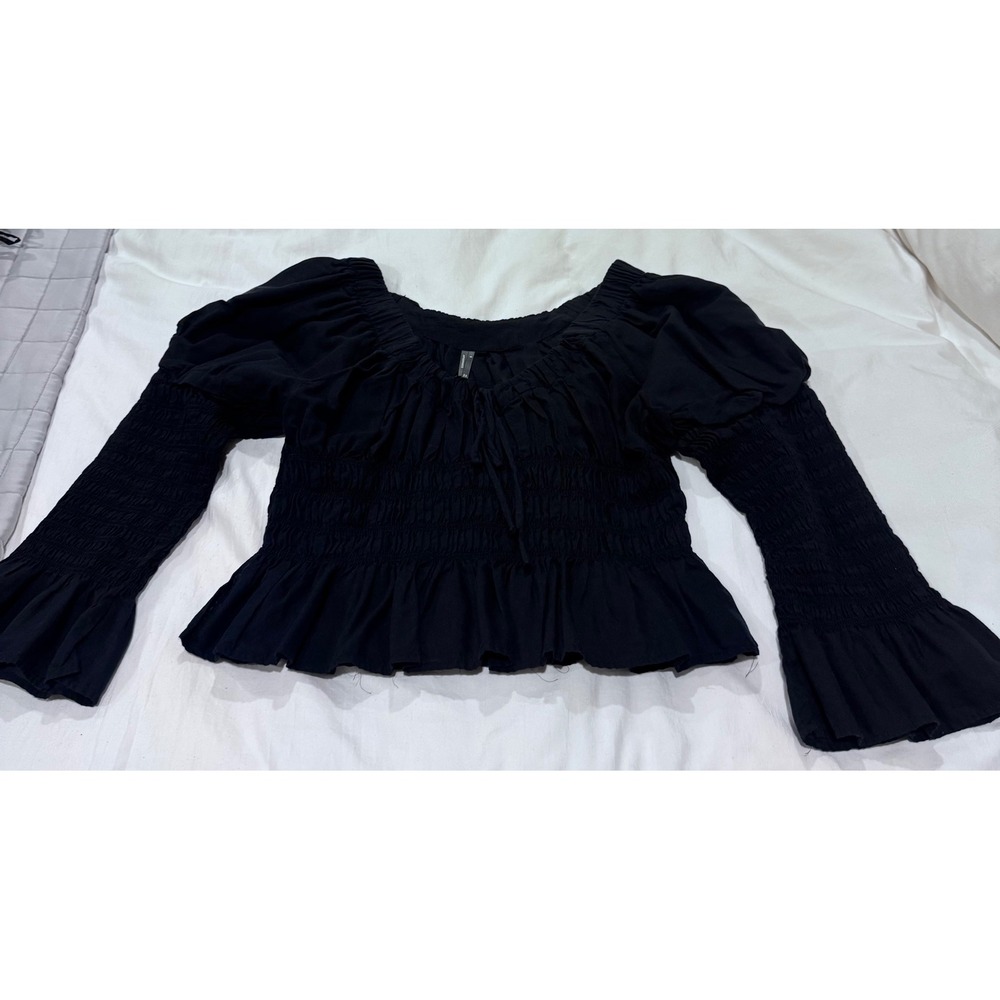 Anthropologie Black Smocked Waist Peplum Blouse Lg Flare Sleeve M Coquette Boho